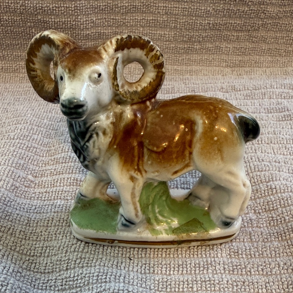 Porcelain vintage Ram Figurine in Brown and Green. Made in Japan